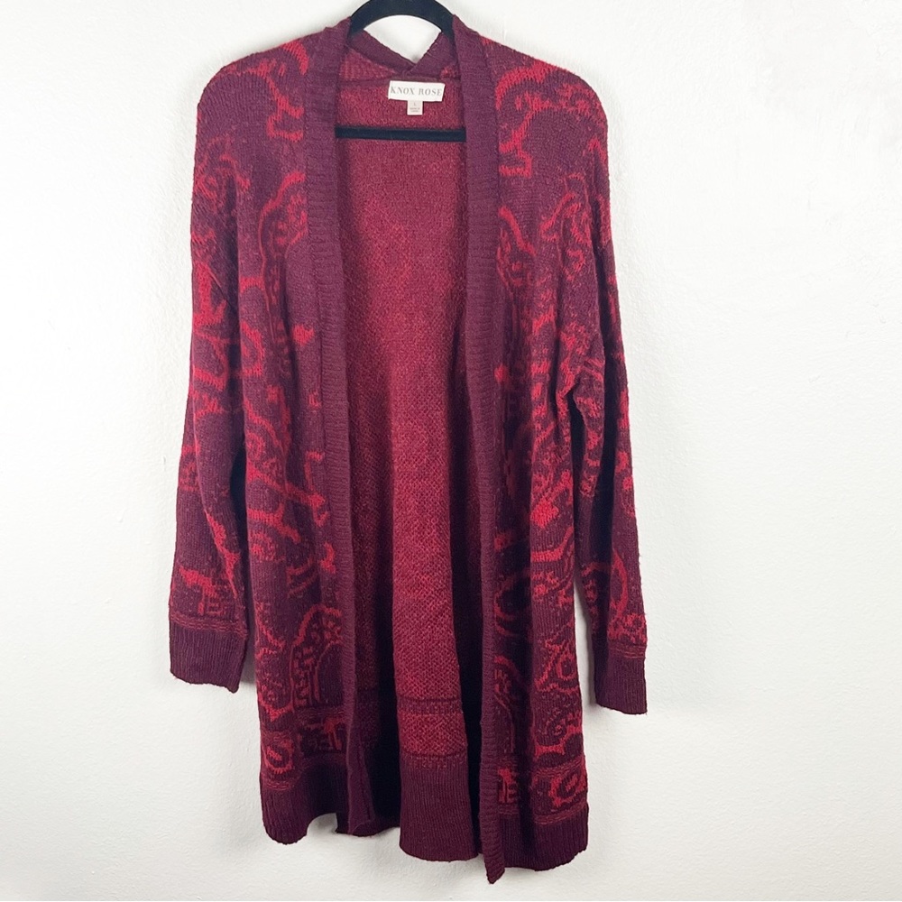 KNOX ROSE Burgundy Printed Long Sleeves Open Front  Long Cardigan, Size Large